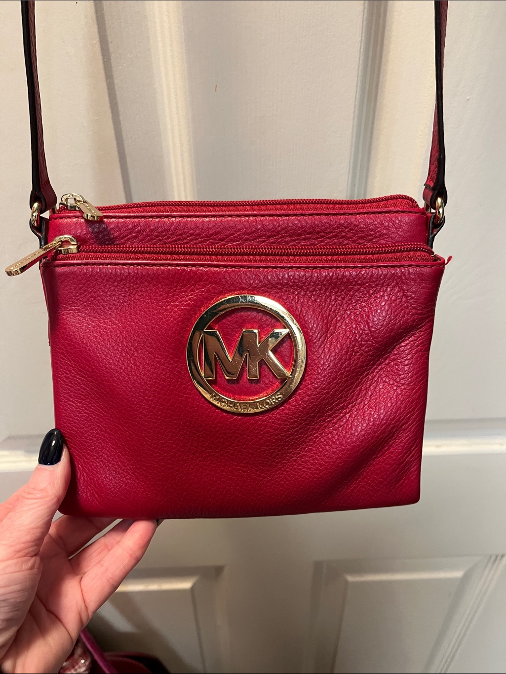Michael Kors Bags | Euc Michael Kors Fulton Red Leather Crossbody With Gold Mk Emblem | Color: Gold/Red | Size: Os