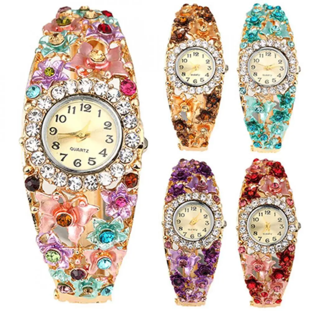 Heiße Verkäufe Frauen Blume Schmetterling Kleid Uhr Runden Zifferblatt Strass Armband Armbanduhr Image