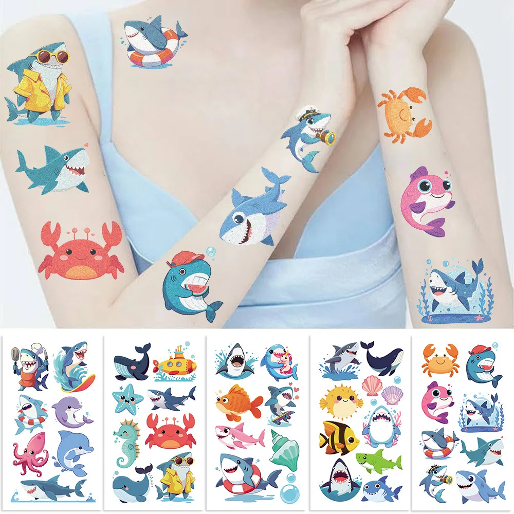 10 teile/satz Cartoon Shark Temporäre Tattoo Aufkleber Meer Tiere Fisch Wasserdichte Tattoo Für Lustige Geburtstag Party Geschenk Image