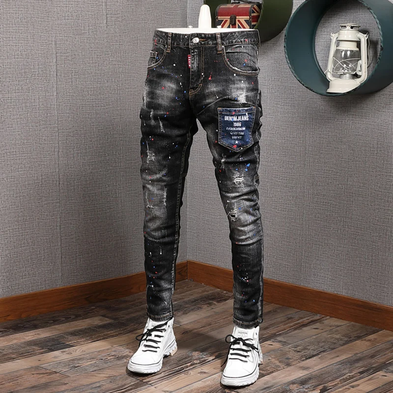 Street Designer Mode Männer Jeans Retro Schwarz Grau Stretch Slim Fit Zerrissene Jeans Männer Gemalt Vintage Hip Hop Y2K Denim Hosen