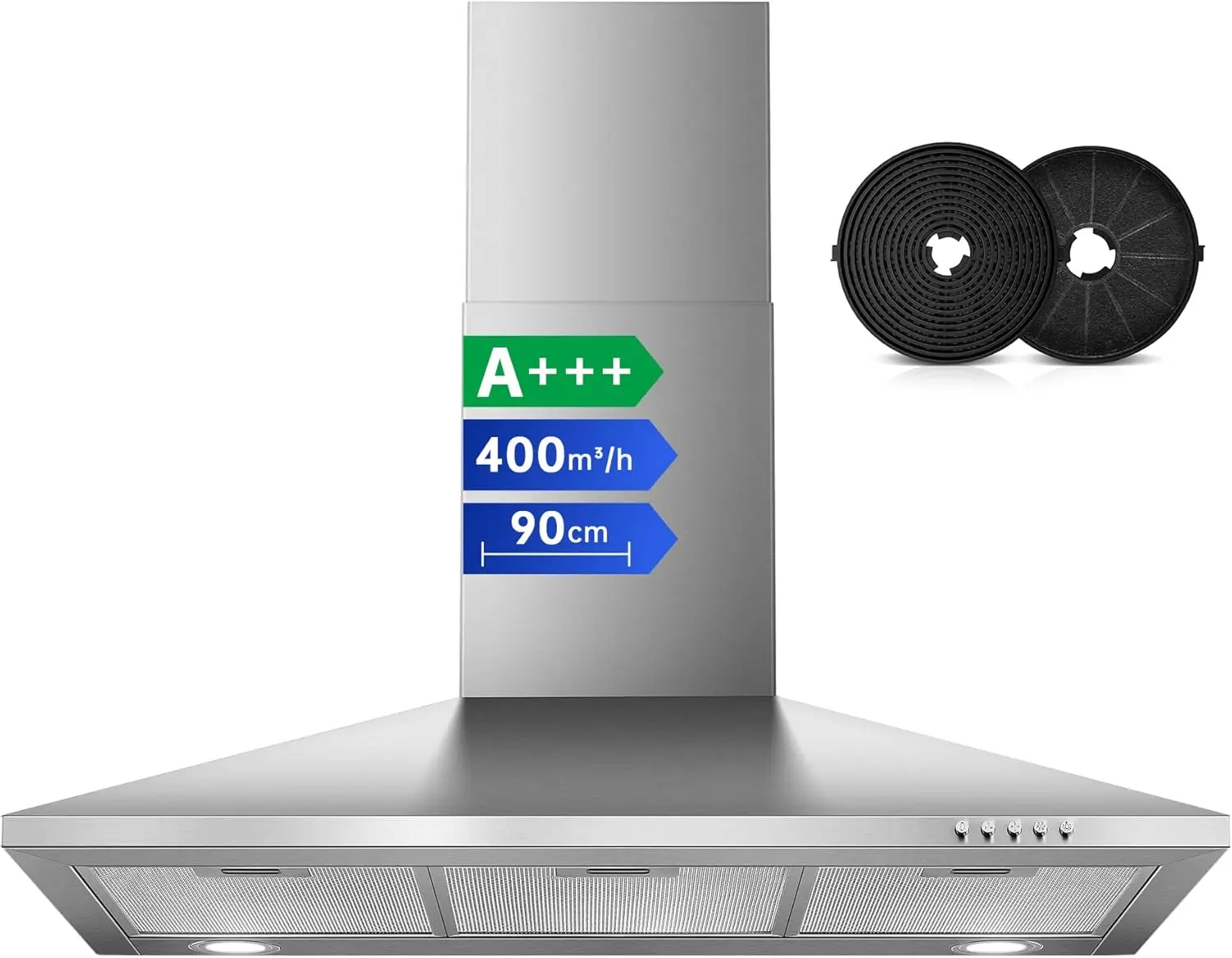 SNDOAS 90cm Dunstabzugshaube, 400m³/h, A+++ Energieeffizienz, 3 Geschwindigkeiten, Dual-Modus (Umluft/Abzugsführung), Gebürsteter Edelstahl Image