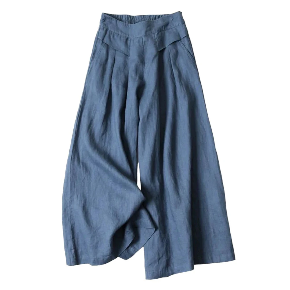 Sommer Damen Culottes Baumwolle Leinen Cropped Weite Hosen Elastischer Bund Lässige Palazzo-Hosen mit Taschen Image