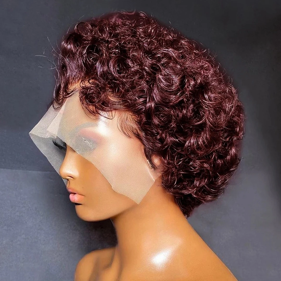 99J Burgunderrot-Honigfarbene Kurze Lockige Pixie-Cut Spitzenperücke, Vorgezupfte Bob-Perücke, 13x2 Spitzenfront Lockige Echthaarperücken Image
