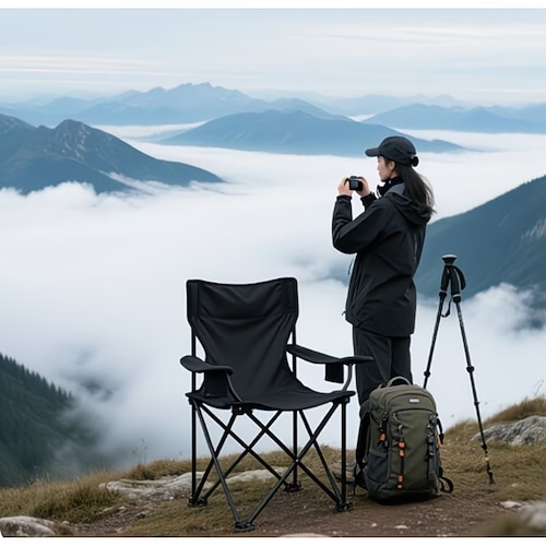 Outdoor-Klappstuhl mit Getränkehalter, tragbarer, faltbarer Camping- und Angelstuhl mit Armlehnen und integriertem Getränkehalter, separat erhöhte Sitzfläche für einfaches Aufstehen Image