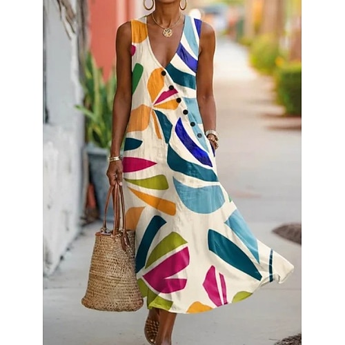 Damen Maxikleid Sommerkleid Freizeitkleid A Linie Kleid Elegant Urlaub Stilvoll Strand Ferien Normale Passform Grafik Geometrisch Ärmellos V Ausschnitt Gelb Braun Beige Sommer Frühling Image