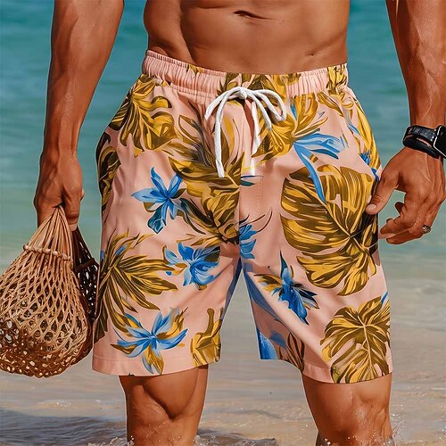 Herren Palmblatt Tropische Pflanzen Blumen Badehosen Badeanzüge Badeshorts Boardshorts Mittlere Taille Hawaiianisch Strandurlaub Seitentaschen Netzfutter Elastischer Kordelzug in der Taille Designer Image