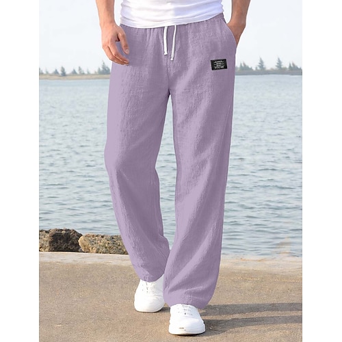 Herren Leinenhosen Hose Sommerhose Baggy-Hosen Strandhose Kordelzug Elastischer Bund Gerader Schnitt Einfach Komfort Atmungsaktiv Volle Länge Lässig Täglich Ferien Urlaub Mode Blau Schwarz Unelastisch Image