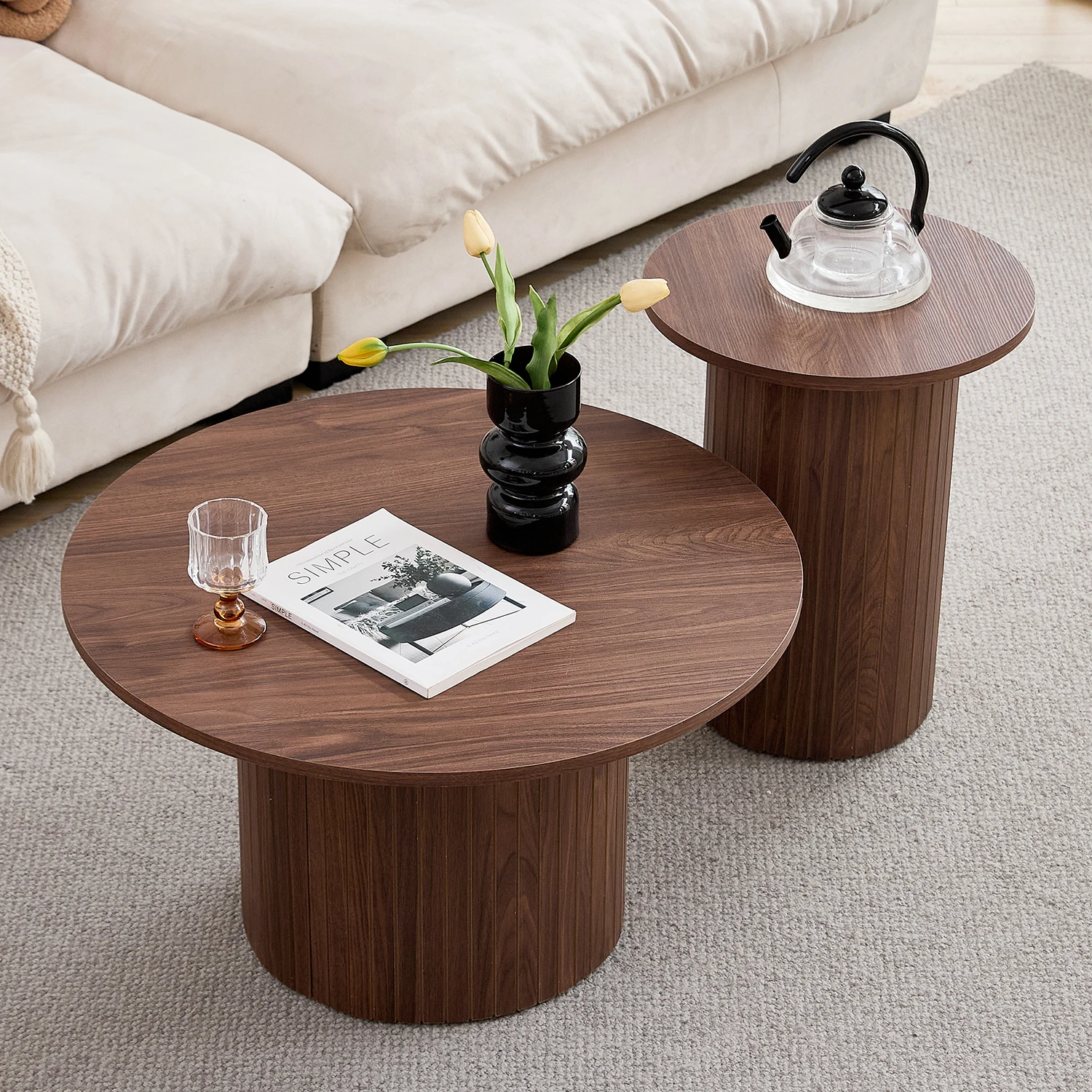 EGOONM 2er-Set runder Couchtische im nordischen Stil aus Holz, ineinander steckbare Couchtische aus Holz, für Wohnzimmer-/Schlafzimmermöbel