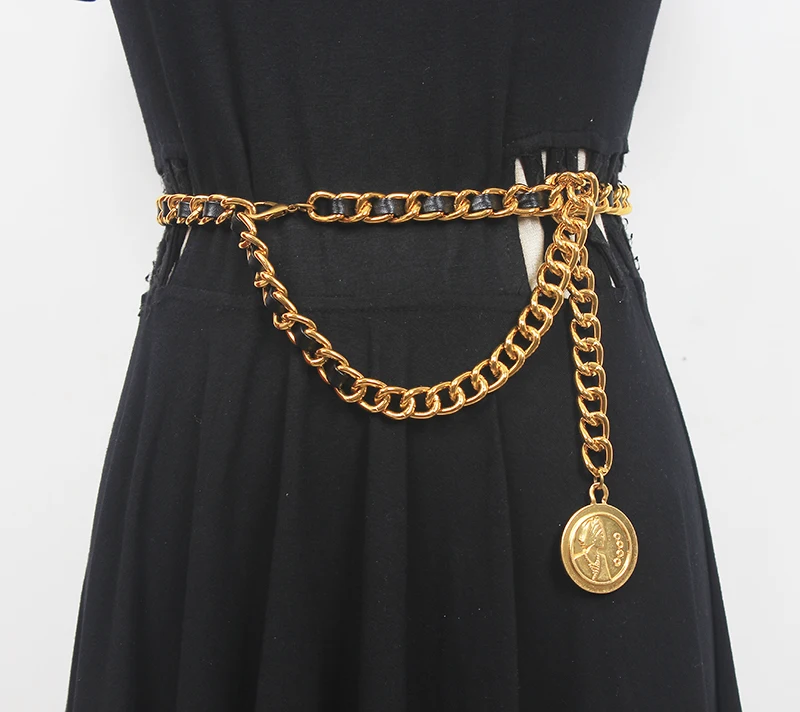 Frauen Runway Fashion PU Leder Gold Kette Cummerbunds Weibliche Kleid Korsetts Bund Gürtel Dekoration Breiten Gürtel R777 Image