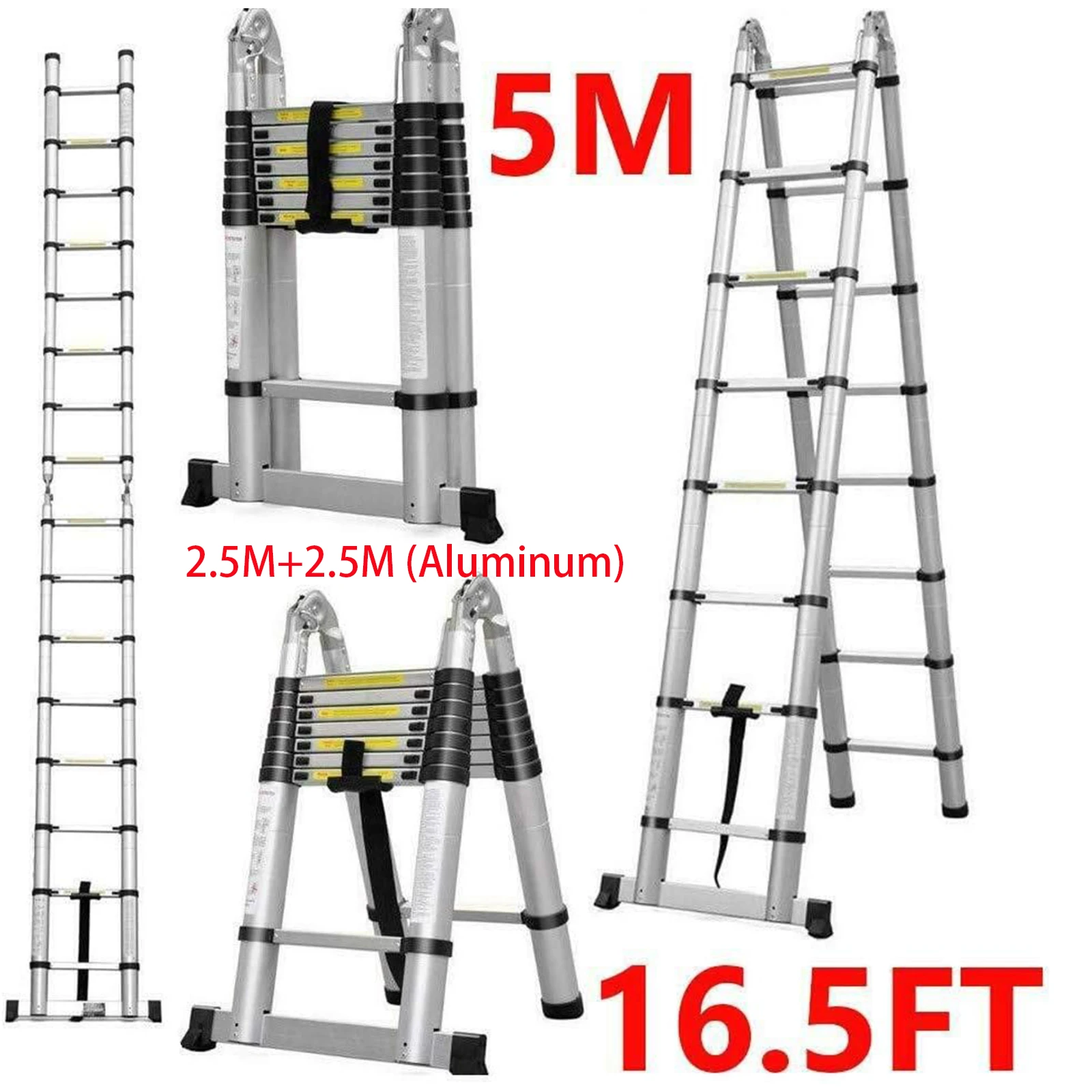 5M / 2,5M+ 2,5M Faltbare Leitern A-Form Aluminium Ausziehbare Verlängerungsleiter 16 Stufen 150kg Max. Tragkraft Mehrzweck-Kletterleiter mit hoher Tragfähigkeit Image