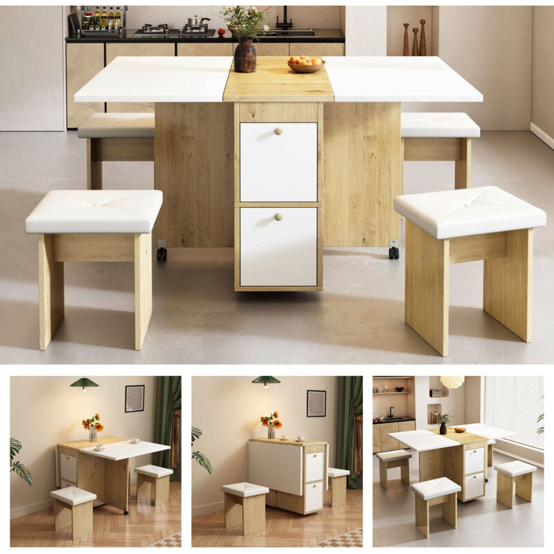 Set Tavolo Da Pranzo (con Tavolo Da Pranzo, 4 Sedie), Tavolo Da Pranzo Pieghevole, 1208075 Cm, Tavolo Da Pranzo Allungabile, Tavolo Da Pranzo Allungabile Multifunzionale, Sedie Da Sala Da Pranzo, Bian