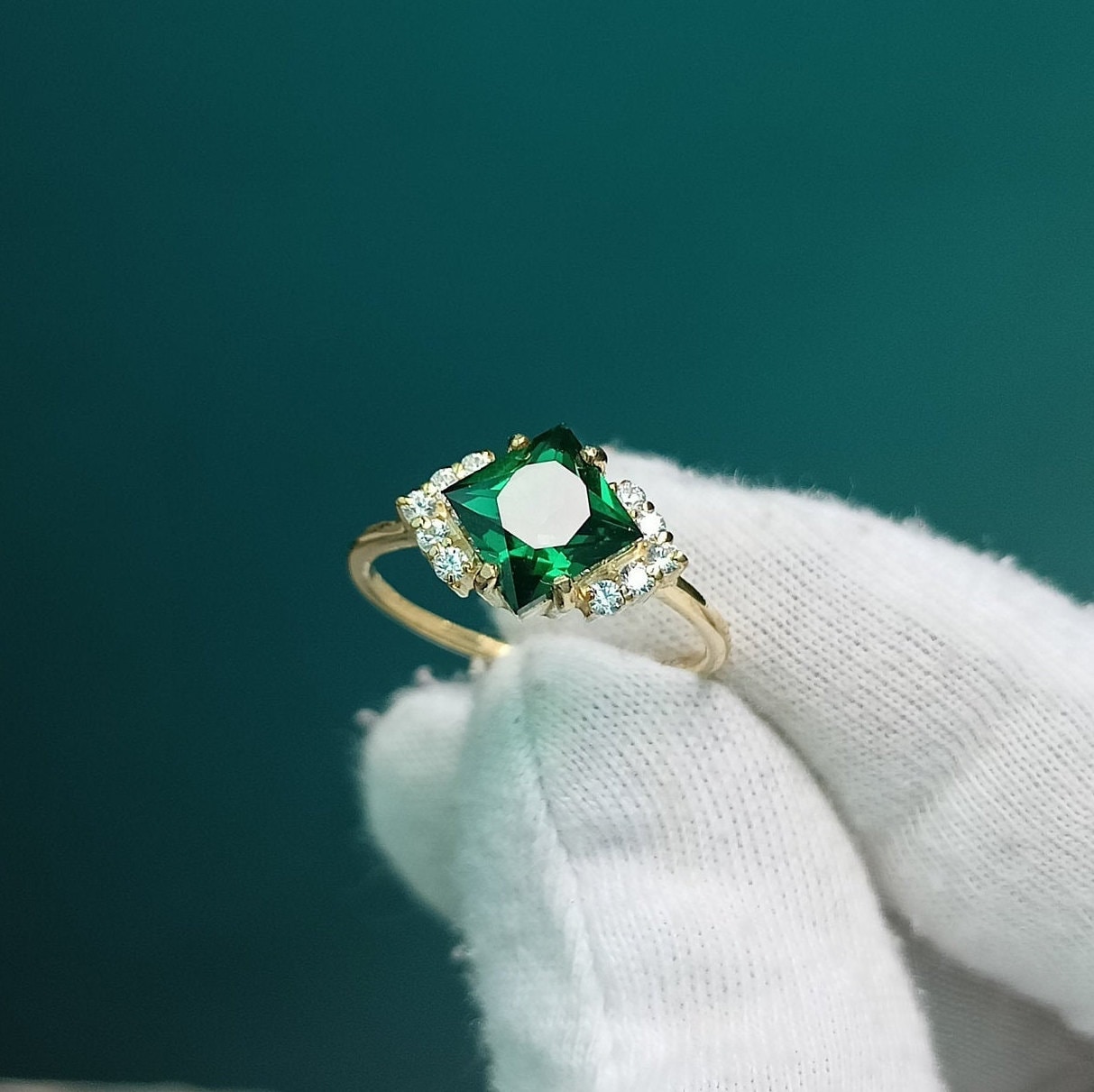 anello con smeraldo creato in laboratorio, anello in argento sterling 925, anello con pietra preziosa verde, anello con smeraldo creato taglio quadrat