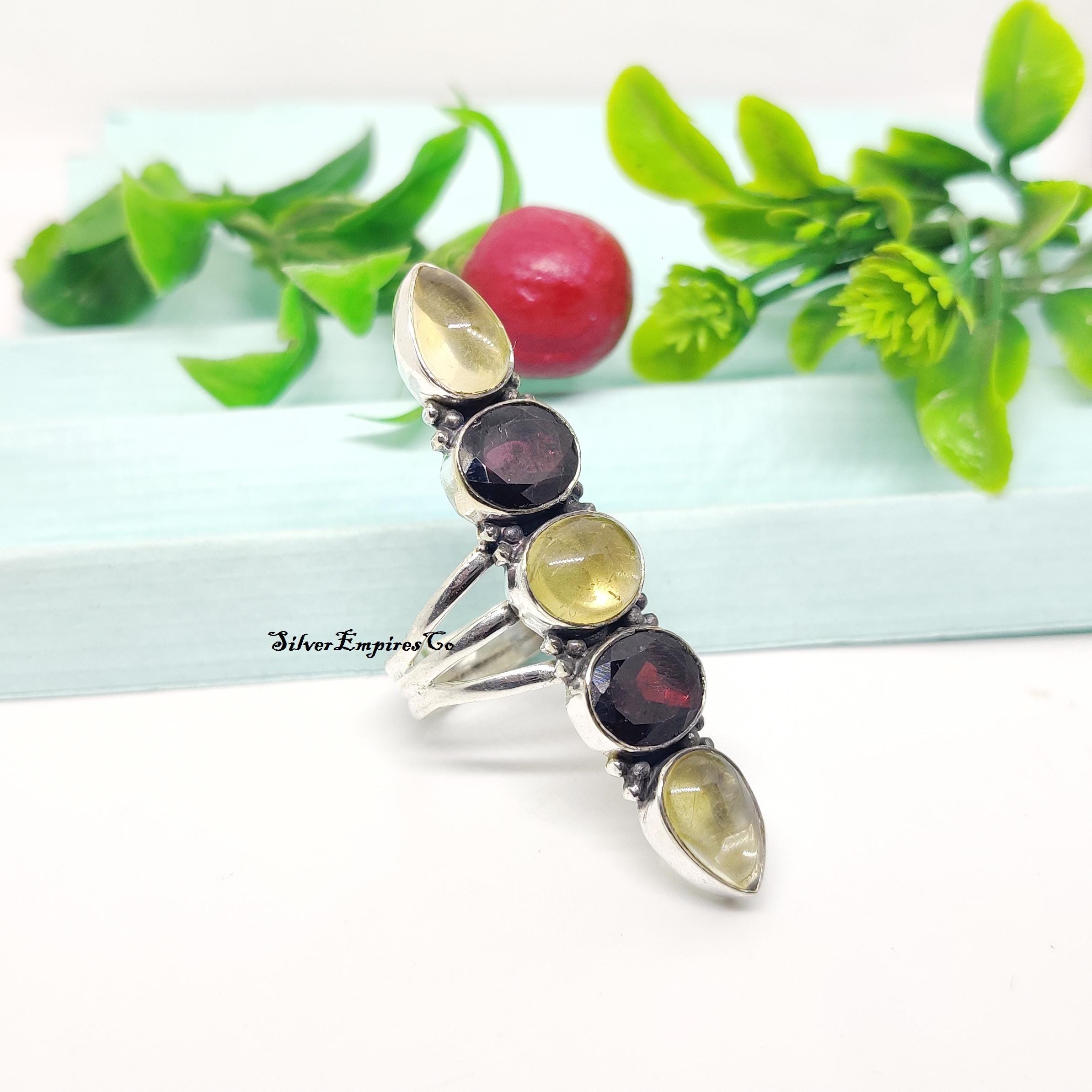 Anello importante con citrino e granato, anello in argento sterling 925, anello con pietra preziosa a fascia divisa, anello bohémien, splendido anello