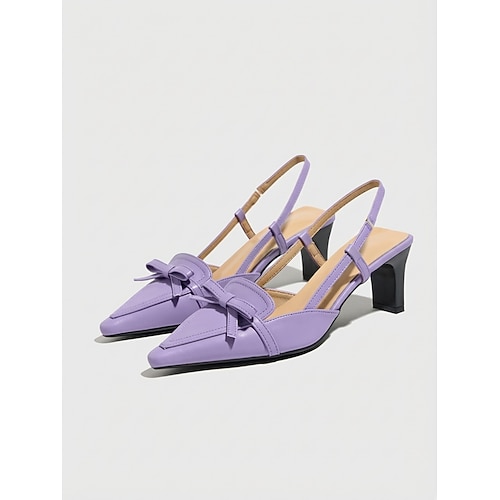 Lavendelviolette Slingback-Pumps für Damen mit spitzer Zehenpartie – elegante Kitten-Heel-Sandalen mit Schleifendetail und elastischem Riemen für den Büroalltag und halbformelle Anlässe. Image
