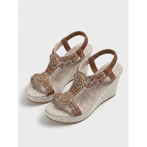 Braune Boho-Keilsandalen für Damen – elegante Plateau-Sandalen im Ethno-Stil mit tribaler Perlenstickerei, ideal für Outdoor-Urlaube, Sommerpartys im Garten und mehr. Inselreisen Image