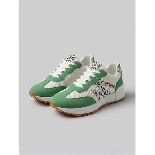 Grüne Damen-Sneaker mit Leopardenmuster – Schnürschuhe mit niedrigem Schaft, bequeme Freizeitschuhe für den Alltag und zum Spazierengehen reisen Image