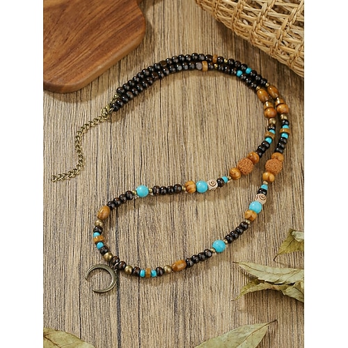 Lange Herren-Halskette im Boho-Stil mit Perlen aus einer Holzlegierung und Halbmondanhänger – ein Statement-Schmuckstück für Strandurlaub, Sommerreisen und den Alltag. Image