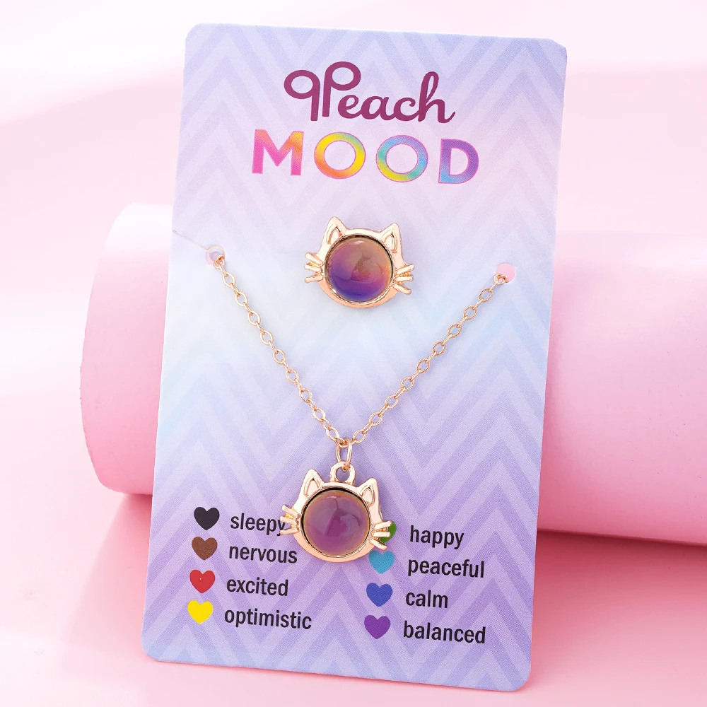 2 Teile/satz Mädchen Temperatur-empfindliche Farbe-ändern Katze Einhorn Liebe Anhänger Halskette Ring Schmuck-Set Freundin Bestie geschenk Image
