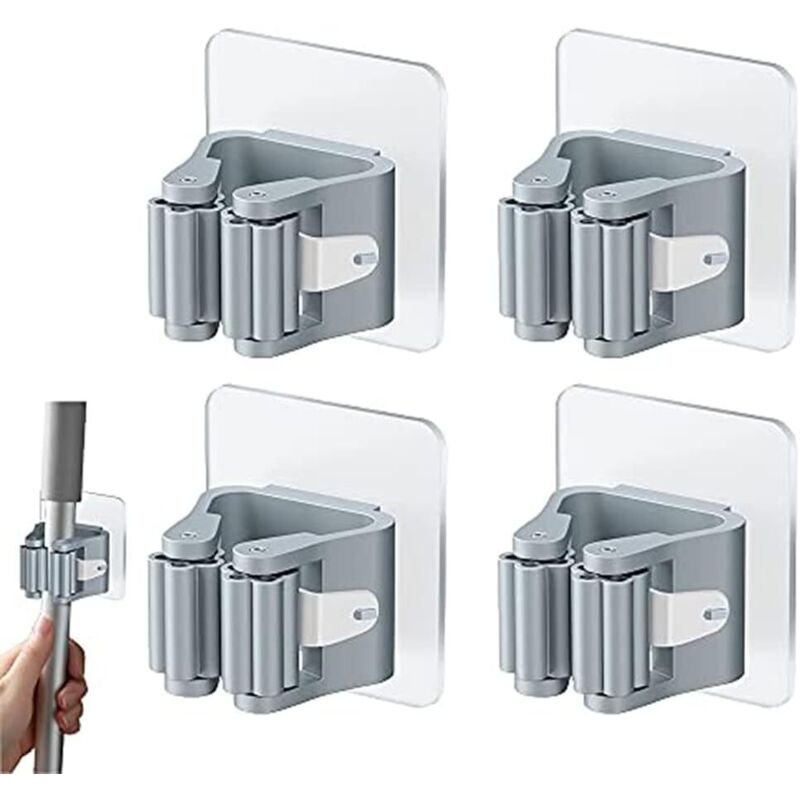 Porta Scopa Autoadesivo Da Parete, Porta Scopa Da Parete Con Clip Per Mocio Senza Forare, Porta Scopa Da Parete, Grigio, Gancio Per Scopa, Supporto Per Scopa Da Parete Per Cucine Da Bagno (4 Pezzi, Gr