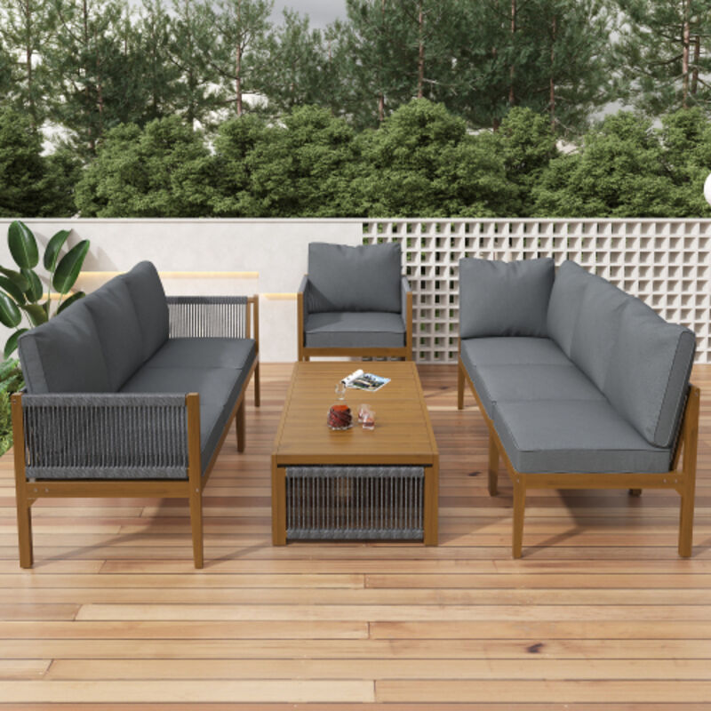 Set Di Mobili Da Giardino, Set Da Salotto Da Giardino Per 7-8 Persone. Set Di Mobili Da Giardino Con Divano, Tavolo E Cuscini, Rivestimento In Tessuto Sfoderabile E Lavabile, Naturale E Grigio.
