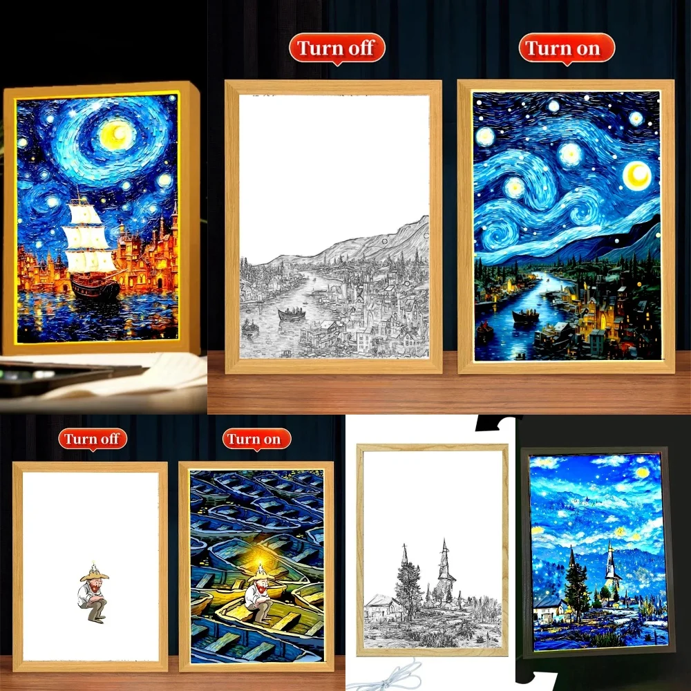 Van Gogh Sternenhimmel Licht Malerei Bilderrahmen Led Nachtlicht Mond Lampe Wand Kunst Oficina Schlafzimmer Home Room Decor Freund Geschenke