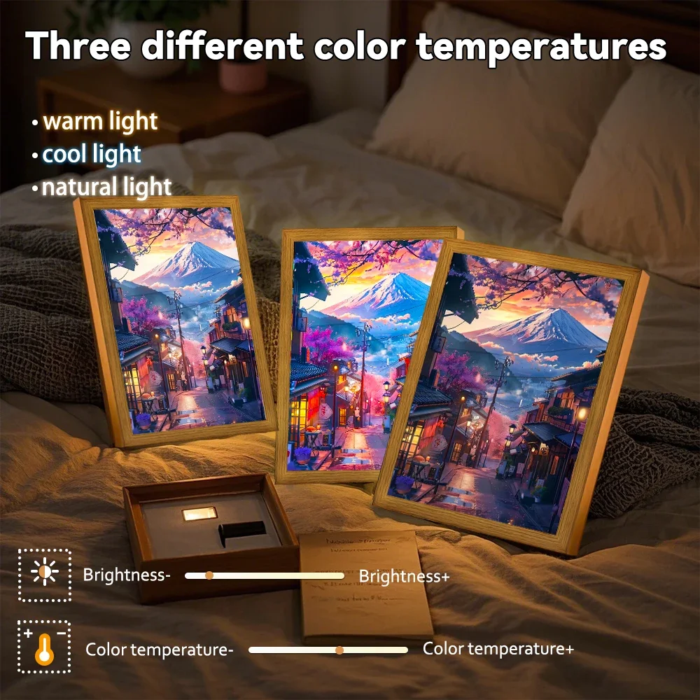 Schöne Stadt Tokio Japan Snow Mountain Licht Paninting Bilderrahmen 2-in-1 Wand-Schreibtischlampe LED-Nachtlichter Kunst Raumdekoration