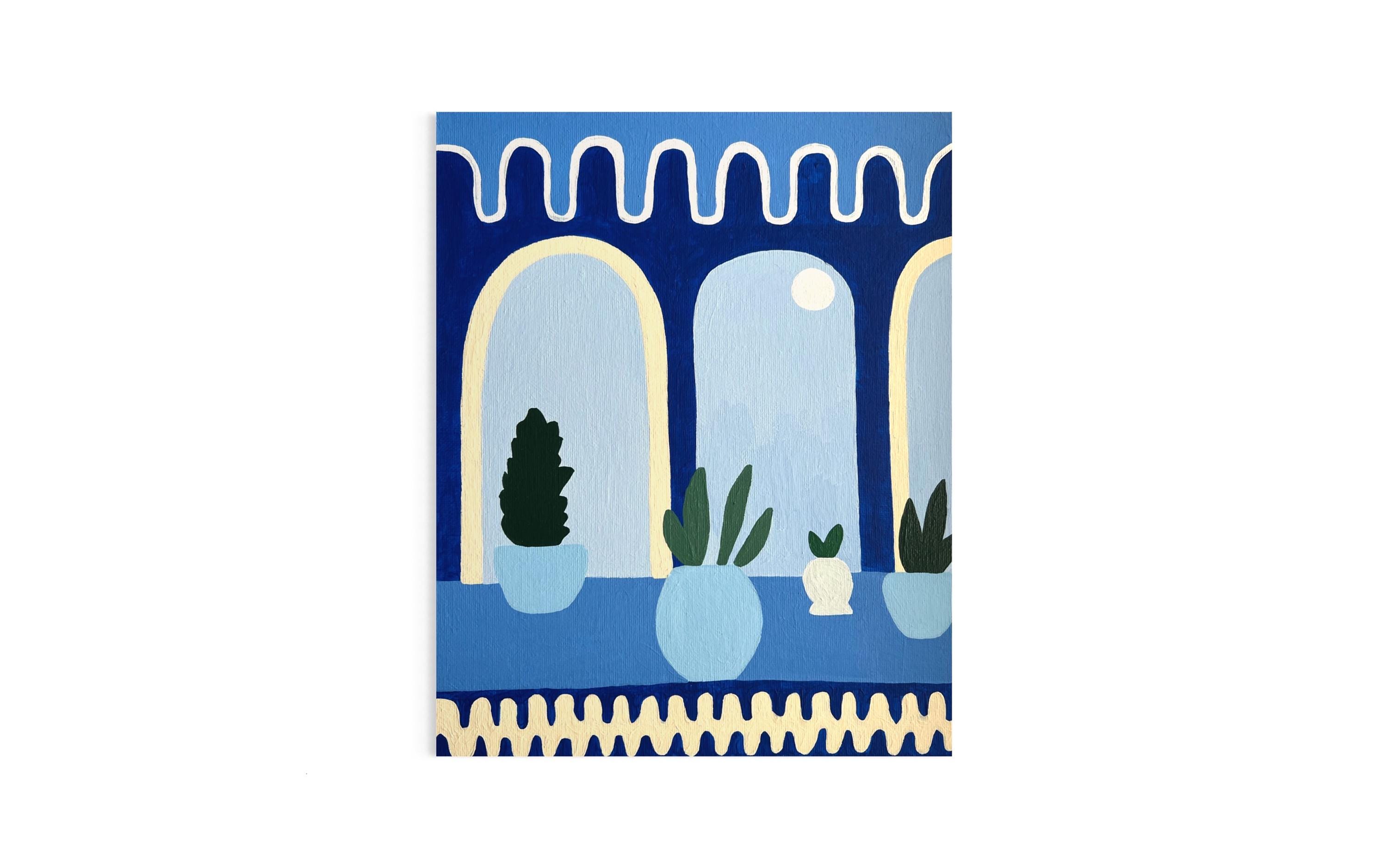 Opera d'arte greca | dipinto blu | piccola opera d'arte in regalo | dipinto mediterraneo | dipinto acrilico moderno | opera d'arte blu e bianca
