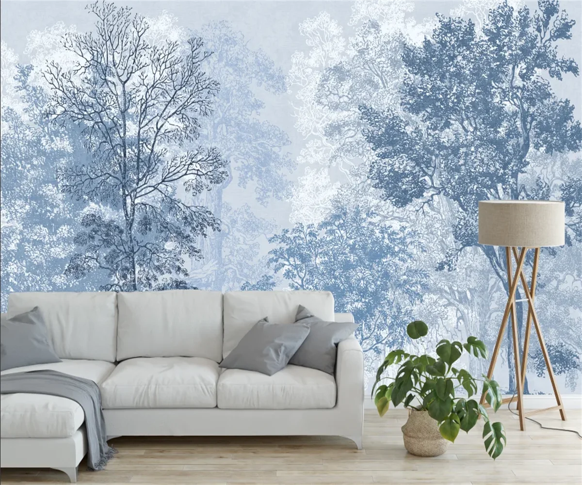 Maßgeschneiderte Tapete Blue Forest Style Malerei Wohnzimmer Hintergrund Tapete Home Dekoration Wald Retro 3D Tapete