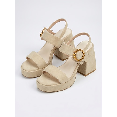 Sandales compensées en daim rose poudré pour femme - mules confortables à talon haut épais avec boucle strass doré et bride arrière ajustable, parfaites pour un look tendance au quotidien et les