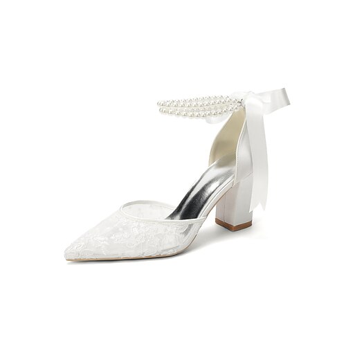 Schwarze Damen-Pumps mit Blockabsatz und Spitze – elegante Partyschuhe mit Perlenriemen für Cocktailpartys und Abendveranstaltungen Image