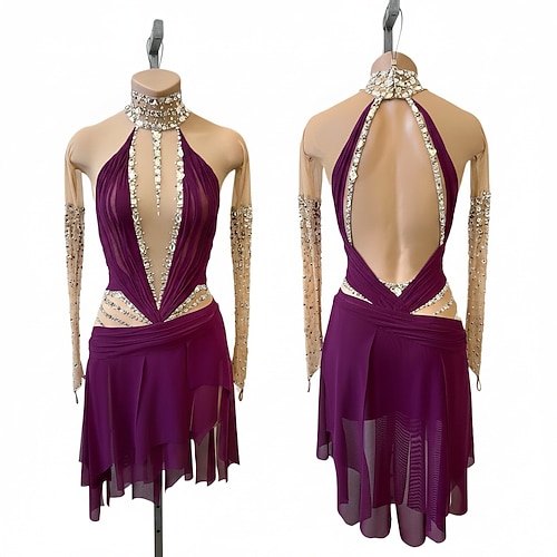Eiskunstlaufkleid Damen Eislaufen Kleid Dunkellila Patchwork Daumenloch Mikroelastisch Training Wettbewerb Eiskunstlaufkleidung Klassisch Kristall / Strass Langarm Eislaufen Eiskundstlauf Image