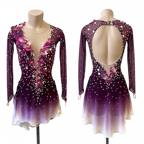 Eiskunstlaufkleid Damen Eislaufen Kleid Fuchsie Patchwork Offener Rücken Dehnbar Training Wettbewerb Eiskunstlaufkleidung Klassisch Kristall / Strass Langarm Eislaufen Eiskundstlauf Image