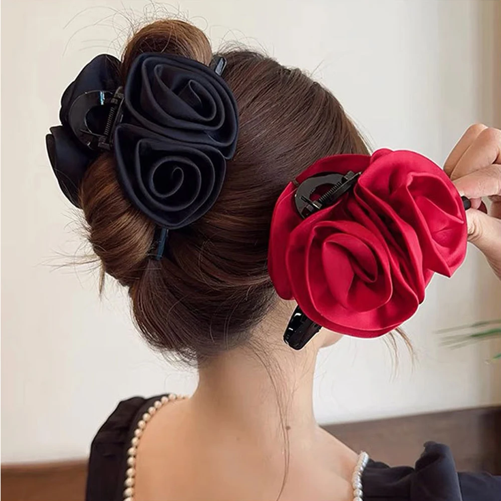 Große Haarklammer Stoff Rose Französische Haarspange Schwarz Weinrot Festival Haarschmuck Haarnadel Mode Haarkrabben Haarspangen