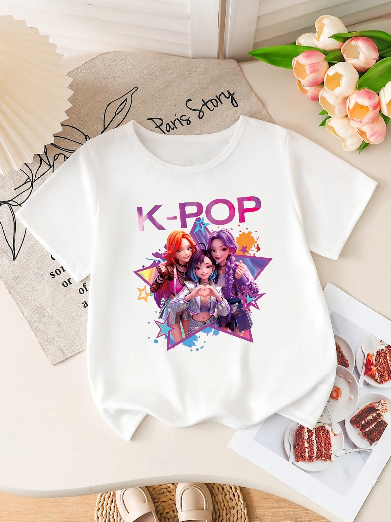 Mädchen K-POP Idol-Gruppe Bedrucktes Kurzarm-T-Shirt Niedliches Cartoon-Grafik-T-Shirt Kinder Sommer Casual Top