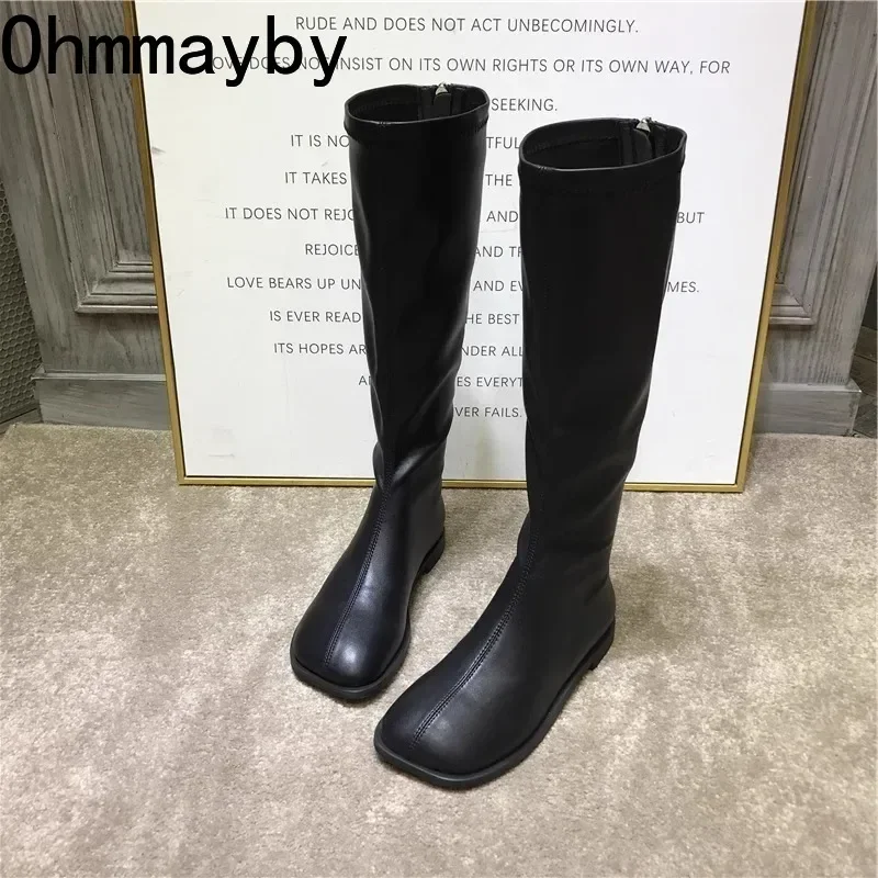 Street Style Stretch Damen Kniehohe Stiefel Mode Elegante Karree Schuhe Damen Moderne Wohnungen Lange Booties