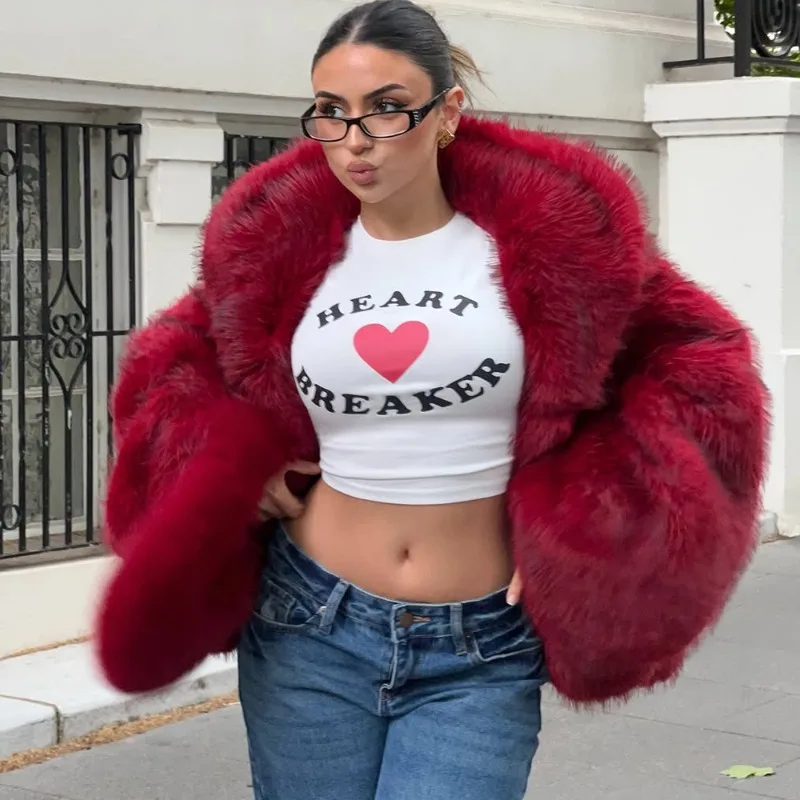 Tuularose Frauen Pelzmantel Frauen 2025, Plüsch Rot Bomber Jacke Solide Crop Langarm Jacke Warme Winter Mäntel Weibliche Casual Mäntel