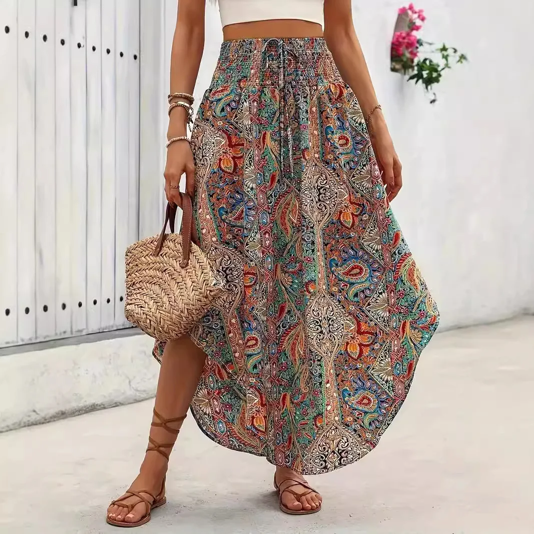 Bohemian Boho Vintage Floral Print Röcke Frauen Sommer Hohe Taille A-Line Plissee Elastische Lange Röcke Casual Urlaub Strand Rock