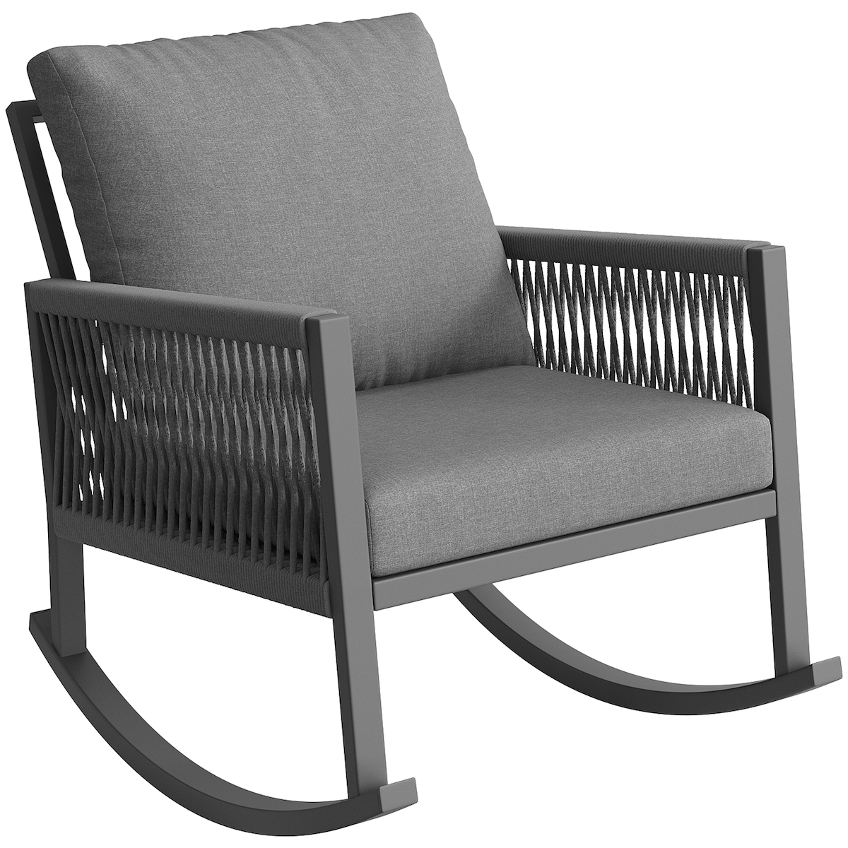 Merax Outdoor Schaukelstuhl mit Seilgeflecht, Garten Relaxsessel mit Kissen, wetterfestes Metallgestell, Grau Image