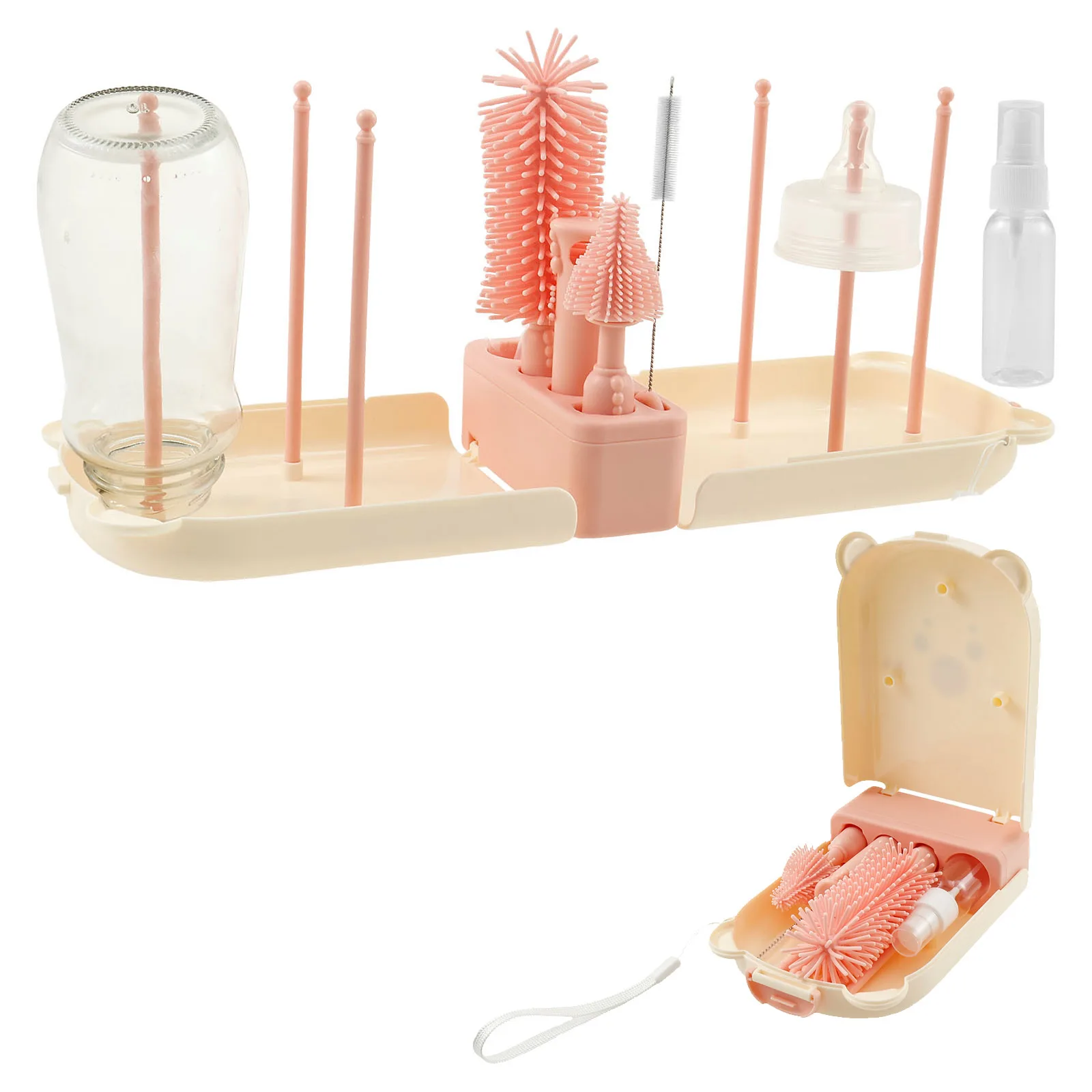 Flaschenbürsten-Set, tragbares Babyflaschen-Reinigungsset, Wäscheständer mit Silikon-Nippelbürste, Flaschenreinigungswerkzeug für Zuhause und Reisen Image