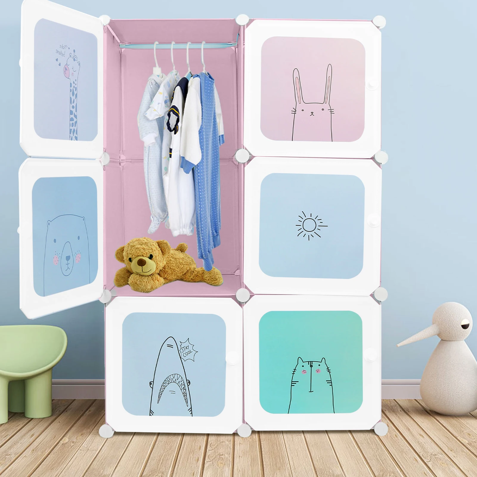 Kinderschrank, Modulares Regal, Kindergarderobe, Modularer Organizer, Aufbewahrungsregal für Zuhause, 6 Module, 74x37x110 cm