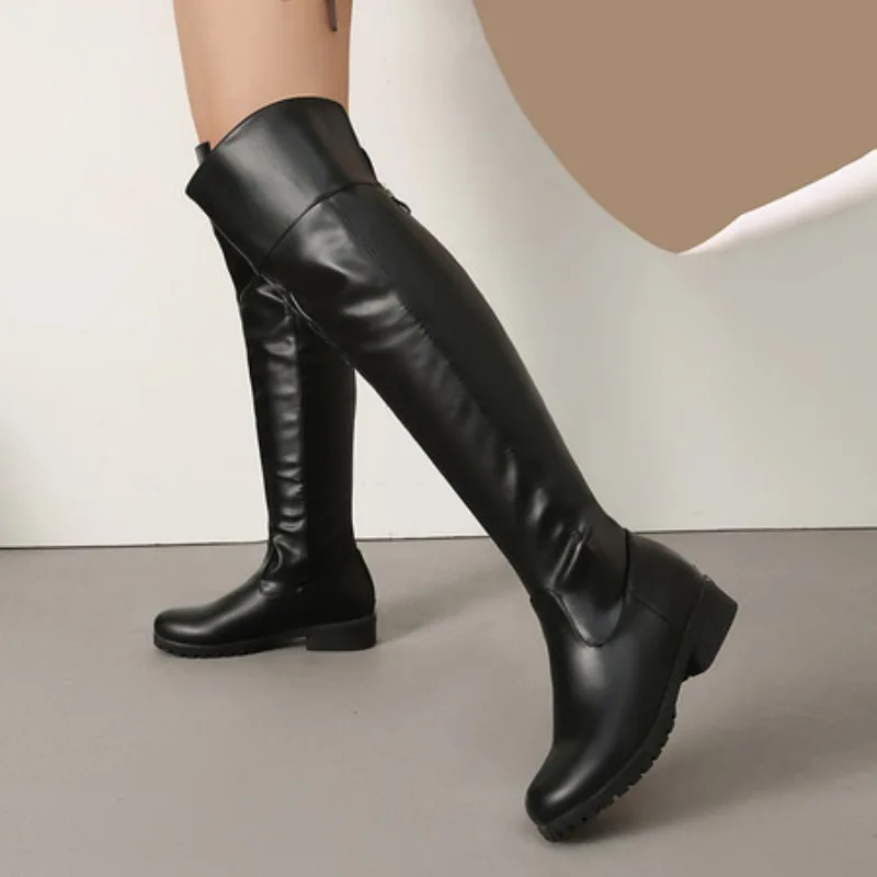 2025 Damen-Oberschenkelhohe Schuhe, runde Zehen, dicke Absätze, 3 cm, große Größe, 49 50 51, lässiger Winter, kniehoher Bota