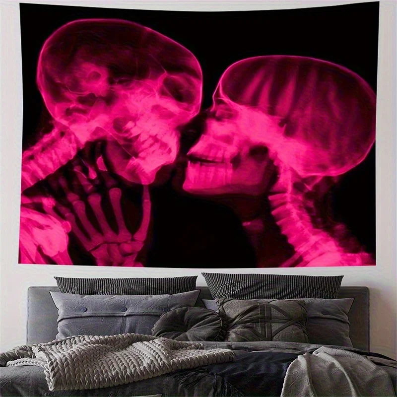 VIKAMA Pink Skull X-Ray Wandteppich Skelett Neon Einzigartiges Schlafzimmer Musik Partyzimmer Trendige Wohnzimmerdekoration Image