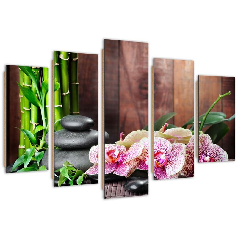 Quadro Deco Panel 5 Parti, Composizione Zen Con Orchidea E Bamb๠- 200x100