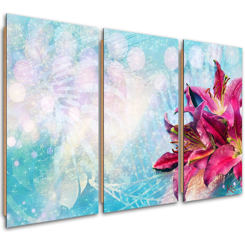 Gbshop - Quadro Deco Panel 3 Paneli, Fiori Rosa Su Uno Sfondo Blu - 150x100