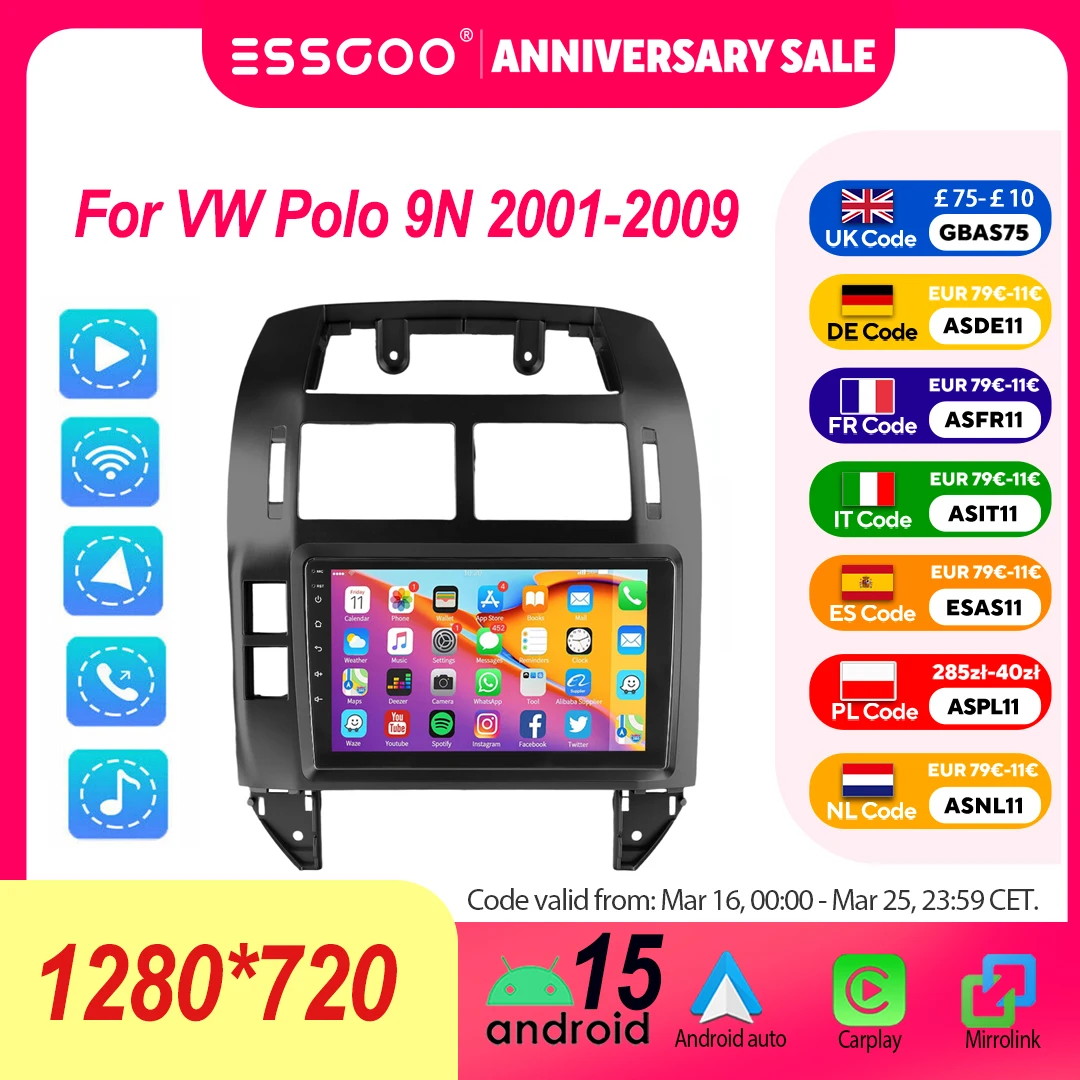 ESSGOO 9 Zoll IPS Touchscreen Für VW Polo 9N 2001-2009 Autoradio Apple Carplay Android Auto GPS Navigation WIFI FM Lenkradsteuerung RDS Android 15 Mirror Link Bluetooth ASP Sound Split Screen 32G/64G