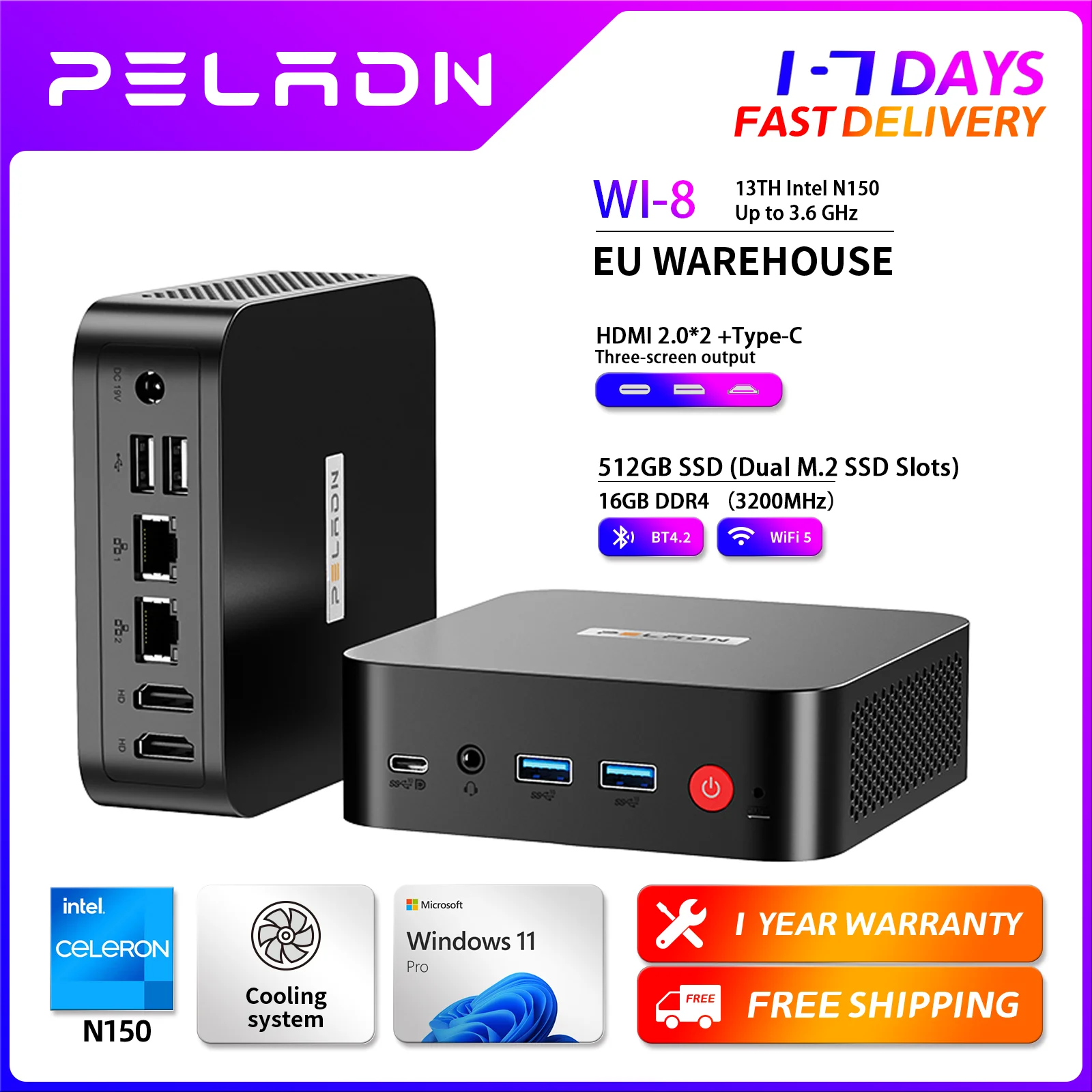 PELADN WI-8 Mini-PC Intel Twin Lake N150 16 GB DDR4 512 GB SSD Wifi 5.0 BT4.2 4K/60 Hz Triple-Display Dual Lan Windows 11 Computer