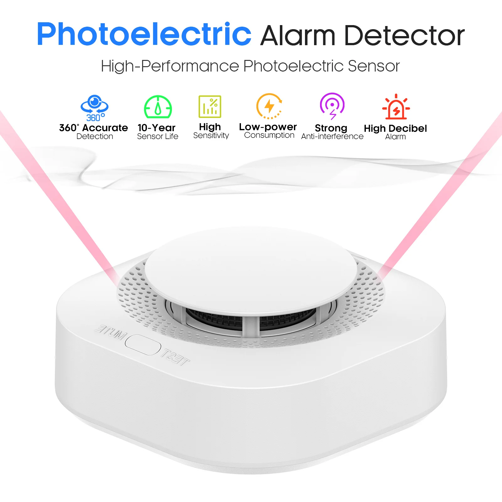 Kabelloser Rauchmelder mit 360°-Erkennung, 3V-Gleichstrom-Fotoelektrischer Rauchsensor für Hotels, Büros und Schulen Image