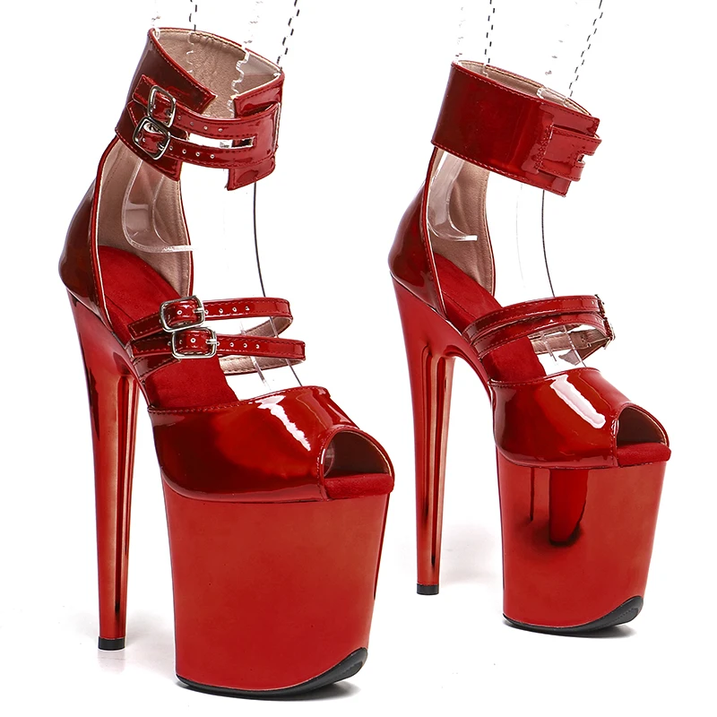 Leecabe 20 cm/8 Zoll glänzendes PU-Obermaterial, offene Zehenplattform, High-Heel-Sandalen, sexy Modellschuhe, Pole-Dance-Schuhe