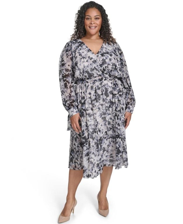 Plus Size Tie Sleeve Chiffon Pull-on Midi Dress - Blue - Calvin Klein Dresses