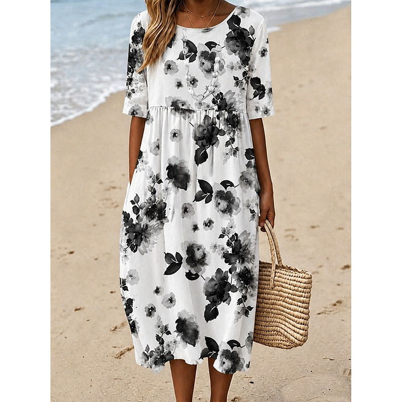 Women's Midi Dress Sheath Dress T Shirt Dress Tee Dress A Line Dress Summer Dress Vacation Casual Boho Daily Summer Dress Spring Dress Loose Fit Floral Graphic Geometric Short Sleeve Crew Neck Black